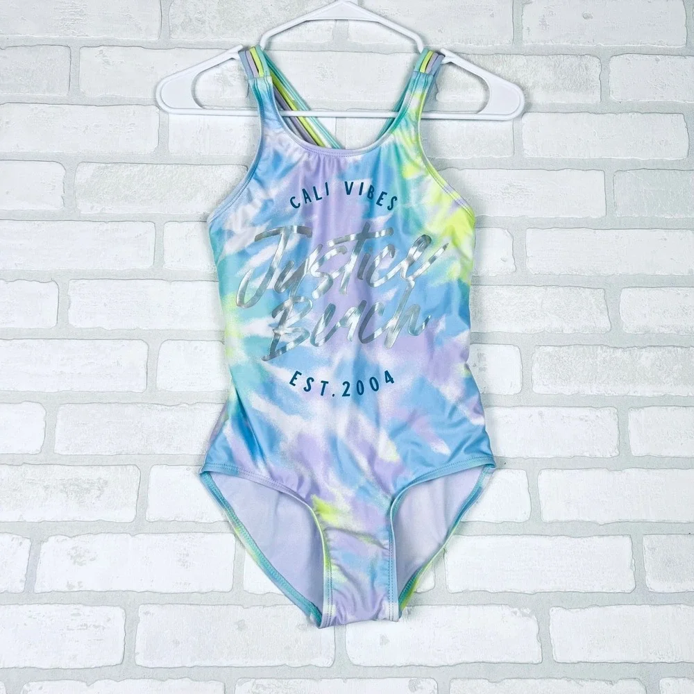 Justice Beach Girls‎ Tie Dye One Piece Swimsuit Multi Strap Blue Purple L 12/14